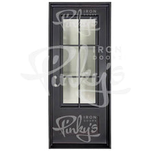 Load image into Gallery viewer, Single entryway door made with a thick iron frame. Door has a 3/4 glass window panel with window-frame detailing and is thermally broken to protect from extreme weather.
