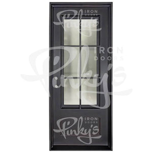 Single entryway door made with a thick iron frame. Door has a 3/4 glass window panel with window-frame detailing and is thermally broken to protect from extreme weather.