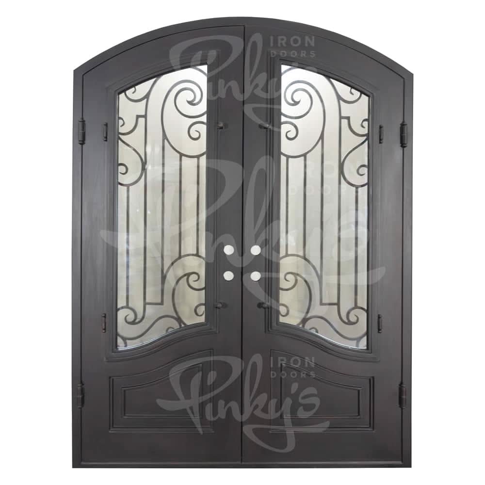 Piano bronze color double entry door with arch design and clear glass.