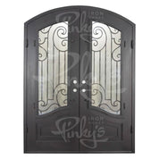 Piano bronze color double entry door with arch design and clear glass.