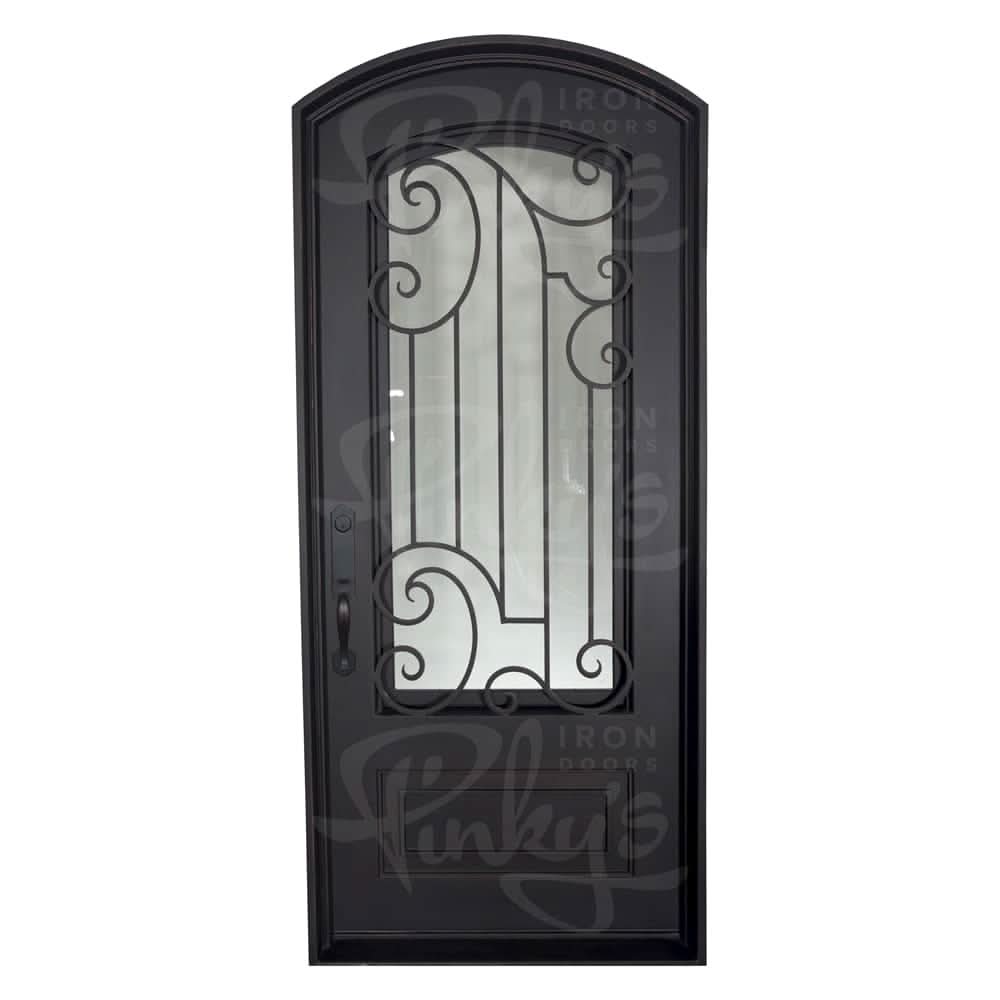 Piano bronze color exterior wrought iron arch top door with dual-pane glass.