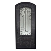Piano bronze color exterior wrought iron arch top door with dual-pane glass.