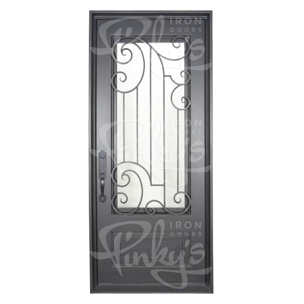 Piano Black exterior wrought iron flat top single swing door with tempered glass.