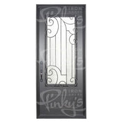 Piano Black exterior wrought iron flat top single swing door with tempered glass.