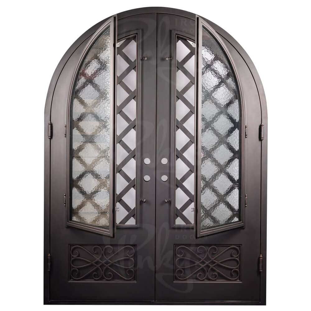 Queensway double full arch top french swing door with decorative metalwork and glass.