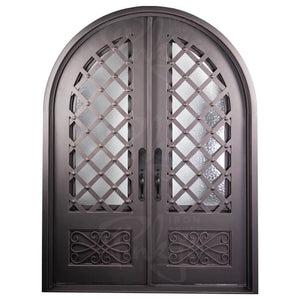 Double entryway doors made with a thick steel and iron frame, two paned windows behind an intricate iron pattern, and a full arch. Doors are thermally broken to protect from extreme weather.