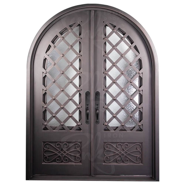 Double entryway doors with a glass panel behind intricate iron detailing. Doors are made of iron and steel and are thermally broken to protect from extreme weather.