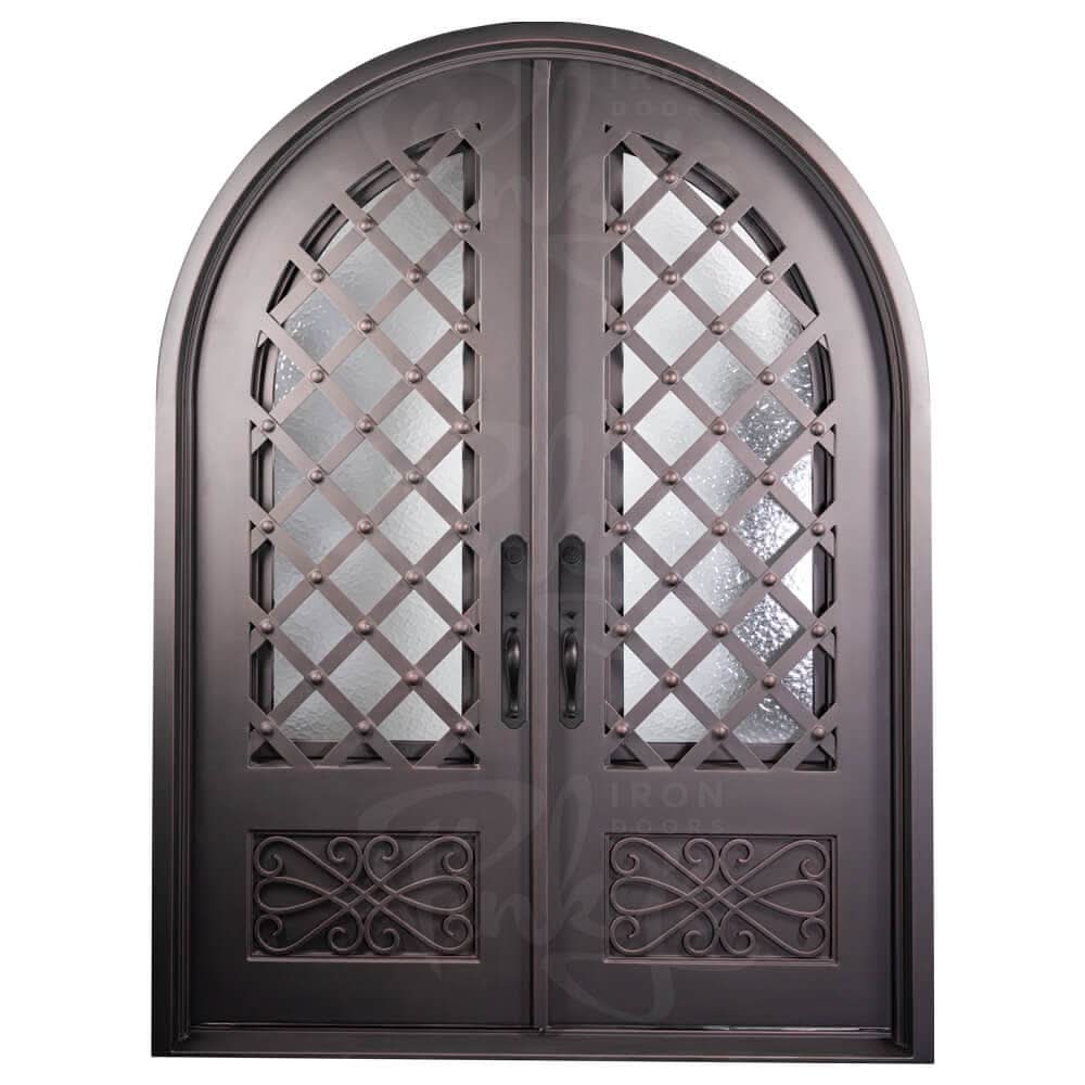 4 glass panels behind intricate iron designs.