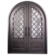 Double entryway doors made with a thick iron frame. Doors feature 3/4 glass panels behind intricate iron designs.