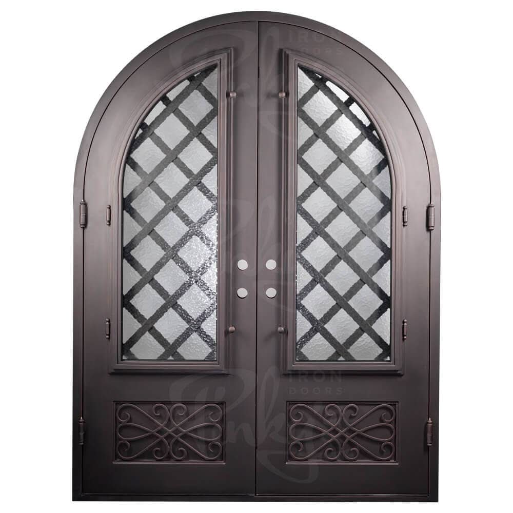 Queensway round top iron entry door for cold weather with clear glass.