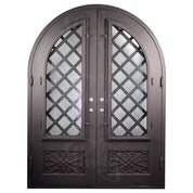 Queensway round top iron entry door for cold weather with clear glass.