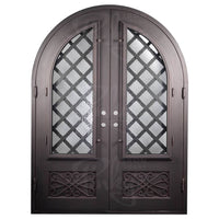 Double entryway doors with a glass panel behind intricate iron detailing. Doors are made of iron and steel and are thermally broken to protect from extreme weather.