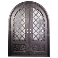 Double entryway doors made with a thick iron frame. Doors feature 3/4 glass panels behind intricate iron designs.