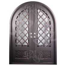 Load image into Gallery viewer, Double entryway doors made with a thick steel and iron frame, two paned windows behind an intricate iron pattern, and a full arch. Doors are thermally broken to protect from extreme weather.