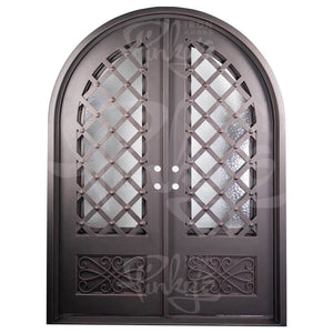 Double entryway doors made with a thick steel and iron frame, two paned windows behind an intricate iron pattern, and a full arch. Doors are thermally broken to protect from extreme weather.