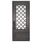 Single entryway door made with a thick iron frame. Doors feature 3/4 glass panels behind intricate iron designs.