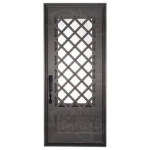 Load image into Gallery viewer, Single entryway door made with a thick iron frame. Doors feature 3/4 glass panels behind intricate iron designs.