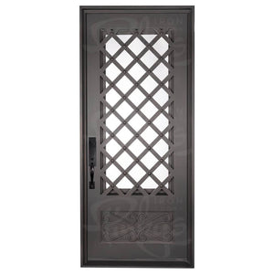 Single entryway door made with a thick iron frame. Doors feature 3/4 glass panels behind intricate iron designs.