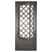 Load image into Gallery viewer, Single entryway door made with a thick iron frame. Doors feature 3/4 glass panels behind intricate iron designs.