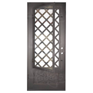 Single entryway door made with a thick iron frame. Doors feature 3/4 glass panels behind intricate iron designs.