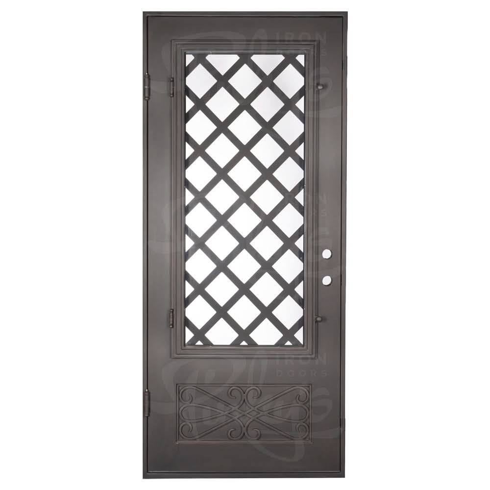 Queensway Black exterior metal flat top single front door with glass and scrollwork.