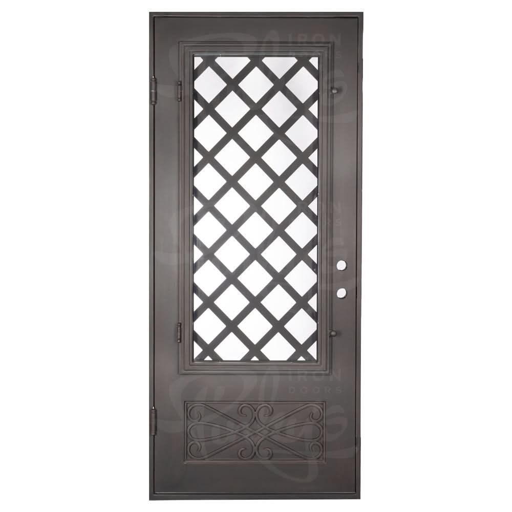 Queensway thermally broken single flat exterior door with hand forged scrollwork.