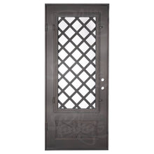 Load image into Gallery viewer, Single entryway door made with a thick iron frame. Doors feature 3/4 glass panels behind intricate iron designs.