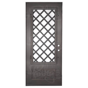 Single entryway door made with a thick iron frame. Doors feature 3/4 glass panels behind intricate iron designs.