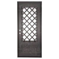 Single entryway door with a full length pane of glass behind intricate iron detailing and a thick iron frame. Door is thermally broken to protect from extreme weather.