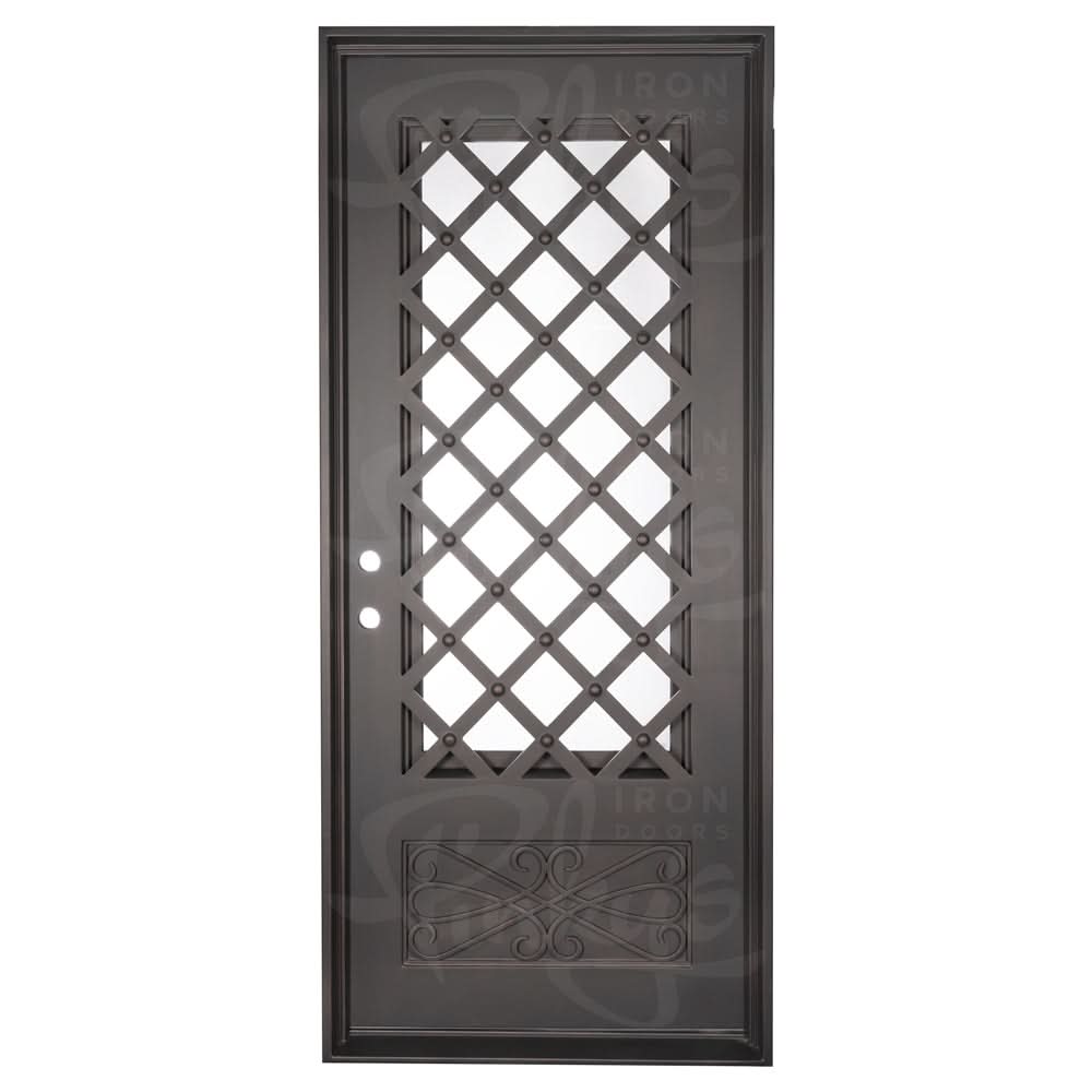 4 glass panels behind intricate iron designs.