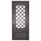 Single entryway door made with a thick iron frame. Doors feature 3/4 glass panels behind intricate iron designs.