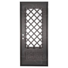 Load image into Gallery viewer, Single entryway door made with a thick iron frame. Doors feature 3/4 glass panels behind intricate iron designs.