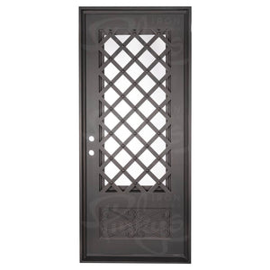 Single entryway door made with a thick iron frame. Doors feature 3/4 glass panels behind intricate iron designs.