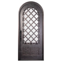 Single entryway door made with a thick iron frame. Doors feature 3/4 glass panels behind intricate iron designs.