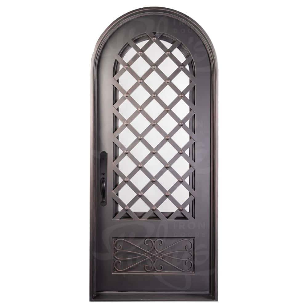 Single entryway door made with a thick iron frame. Doors feature 3/4 glass panels behind intricate iron designs.