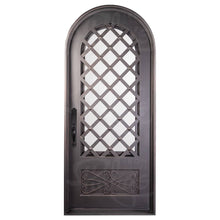 Load image into Gallery viewer, Single entryway door made of iron and steel. Door features a kickplate with iron detailing, a 3/4 glass panel behind iron detailing and a full arch. Door is thermally broken to protect from extreme weather.