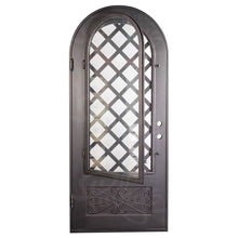 Load image into Gallery viewer, Single entryway door made of iron and steel. Door features a kickplate with iron detailing, a 3/4 glass panel behind iron detailing and a full arch. Door is thermally broken to protect from extreme weather.