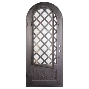 Single entryway door made of iron and steel. Door features a kickplate with iron detailing, a 3/4 glass panel behind iron detailing and a full arch. Door is thermally broken to protect from extreme weather.