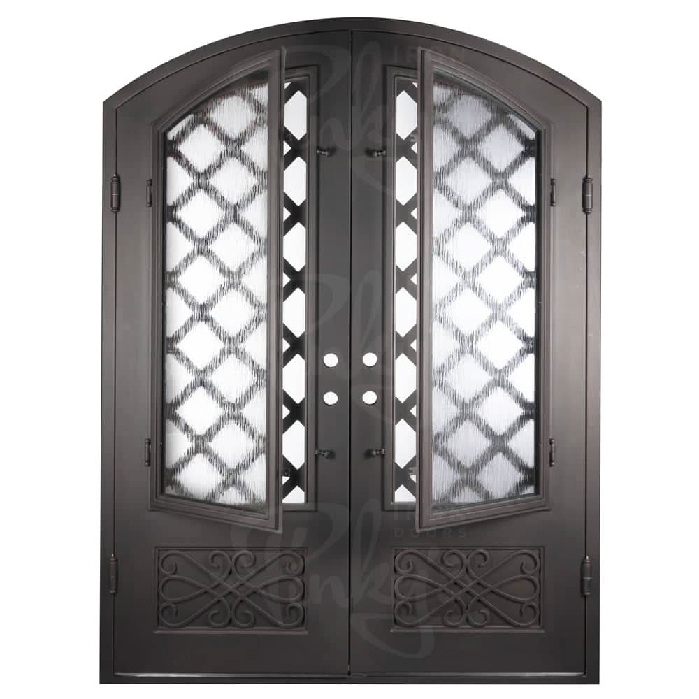 Queensway black colored arched top metal double entry door with thermal break and glass.