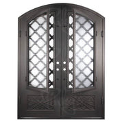 Queensway black colored arched top metal double entry door with thermal break and glass.