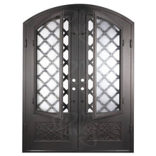 Load image into Gallery viewer, Double entryway doors with a glass panel behind intricate iron detailing. Doors are made of iron and steel and are thermally broken to protect from extreme weather.