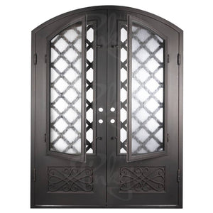 Double entryway doors with a glass panel behind intricate iron detailing. Doors are made of iron and steel and are thermally broken to protect from extreme weather.