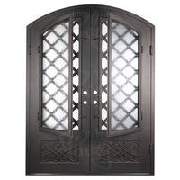 Double entryway doors made with a thick steel and iron frame and two paned windows behind an intricate iron pattern. Doors are thermally broken to protect from extreme weather.