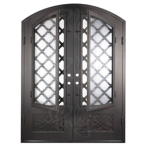 Double entryway doors made with a thick iron frame. Doors feature 3/4 glass panels behind intricate iron designs.