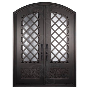 Double entryway doors with a glass panel behind intricate iron detailing. Doors are made of iron and steel and are thermally broken to protect from extreme weather.