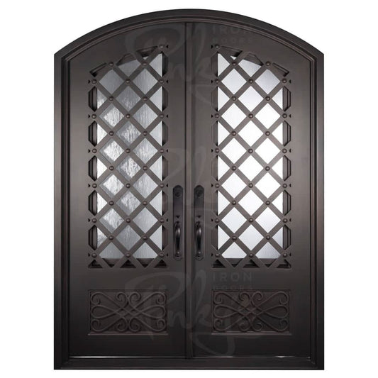 Double entryway doors made with a thick iron frame. Doors feature 3/4 glass panels behind intricate iron designs.