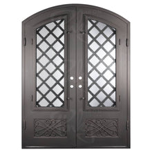 Load image into Gallery viewer, Double entryway doors with a glass panel behind intricate iron detailing. Doors are made of iron and steel and are thermally broken to protect from extreme weather.