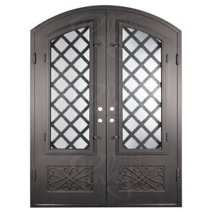 Double entryway doors with a glass panel behind intricate iron detailing. Doors are made of iron and steel and are thermally broken to protect from extreme weather.
