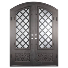 Load image into Gallery viewer, Double entryway doors made with a thick iron frame. Doors feature 3/4 glass panels behind intricate iron designs.