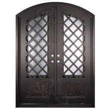 Load image into Gallery viewer, Double entryway doors with a glass panel behind intricate iron detailing. Doors are made of iron and steel and are thermally broken to protect from extreme weather.